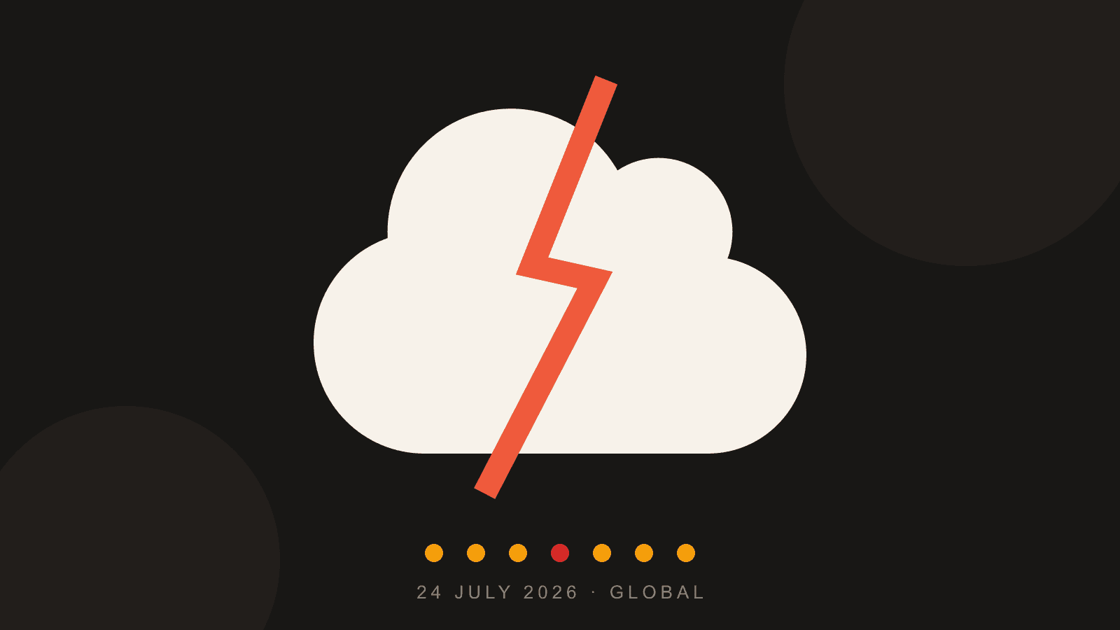A paper cloud split by a coral lightning bolt above a row of status dots - the 24 July 2026 Cloudflare outage