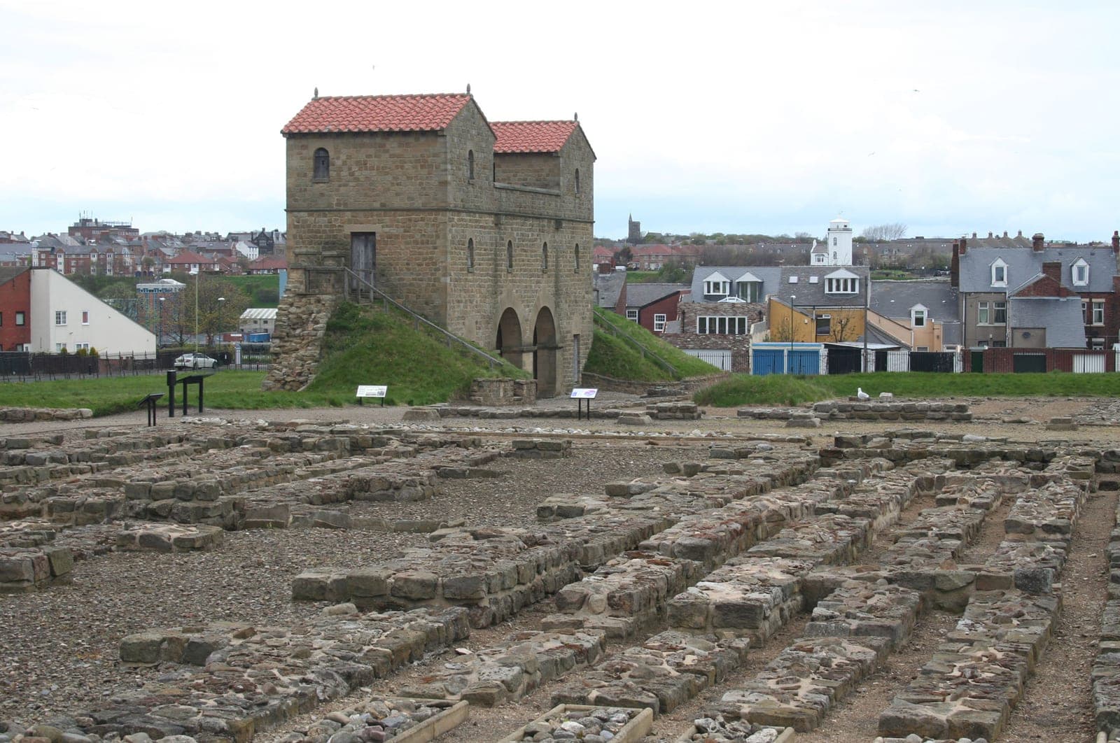 The reconstructed gatehouse and excavated foundations at Arbeia Roman Fort, South Shields