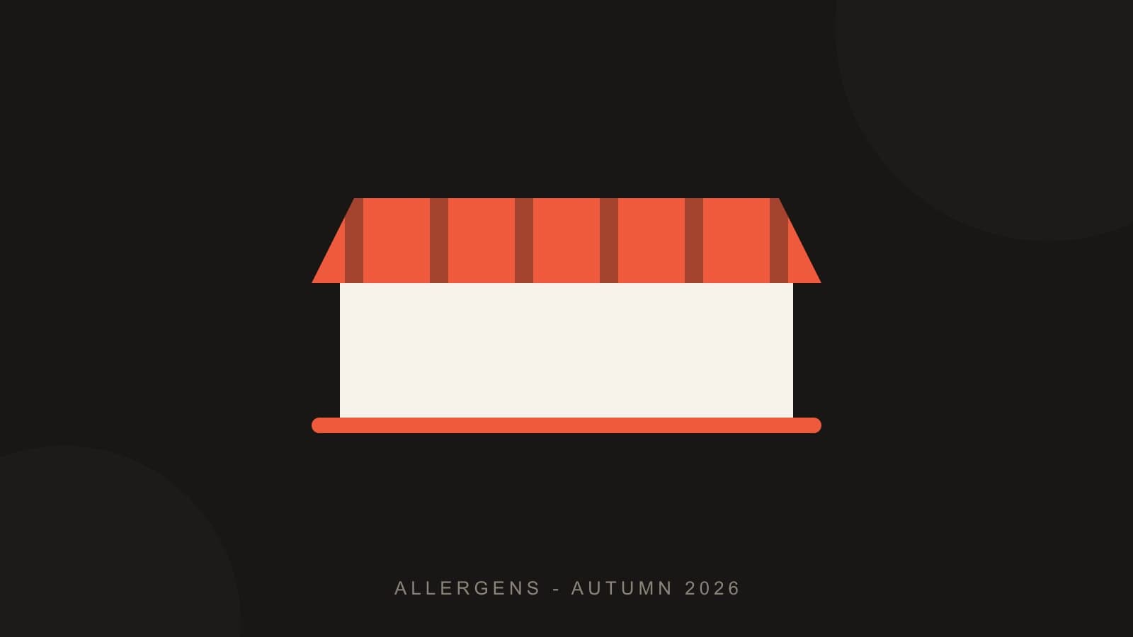 Coral market stall illustration on a dark charcoal background, captioned allergens autumn 2026.