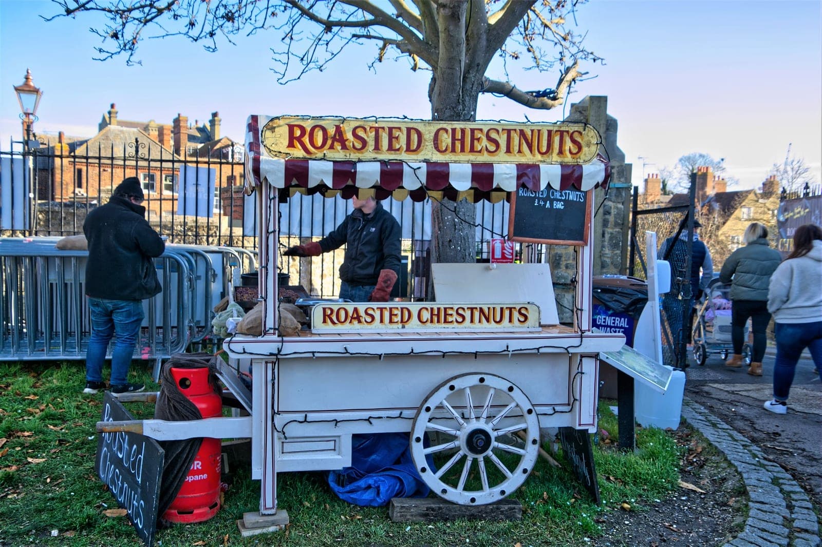 A traditional roasted chestnut stall trading at Rochester Christmas Market in Kent, England
