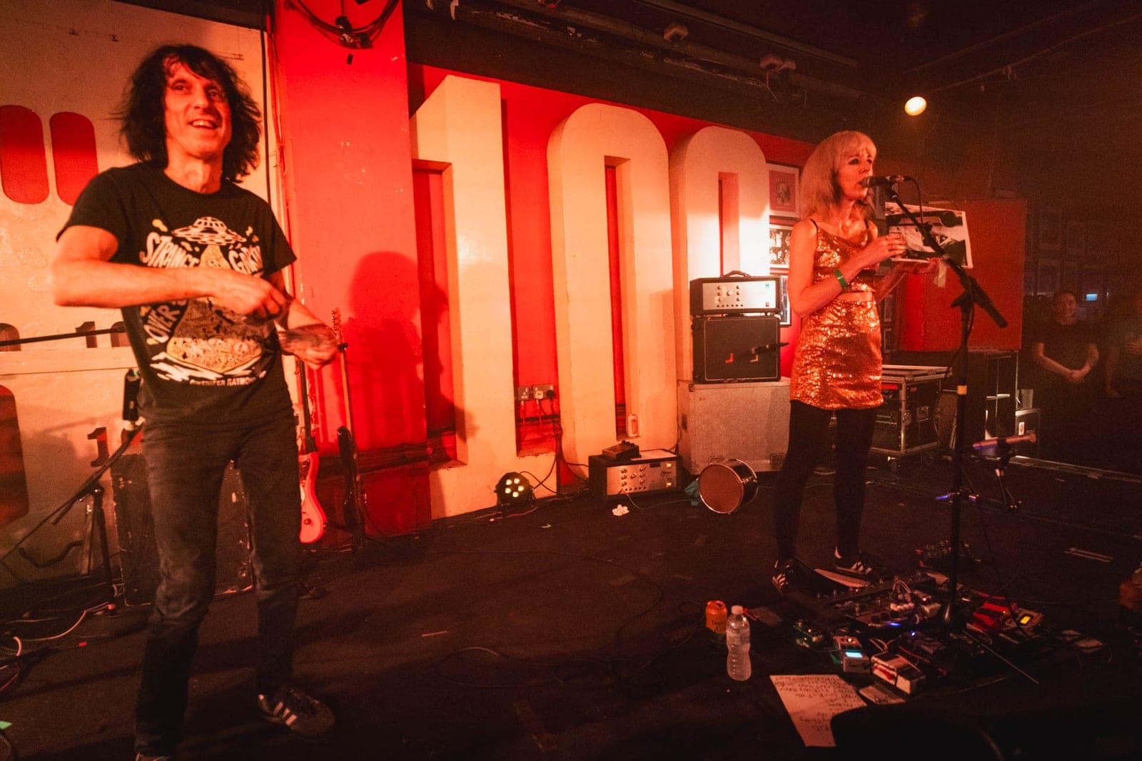 The Lovely Eggs performing live on stage at the 100 Club, a small basement music venue in London.